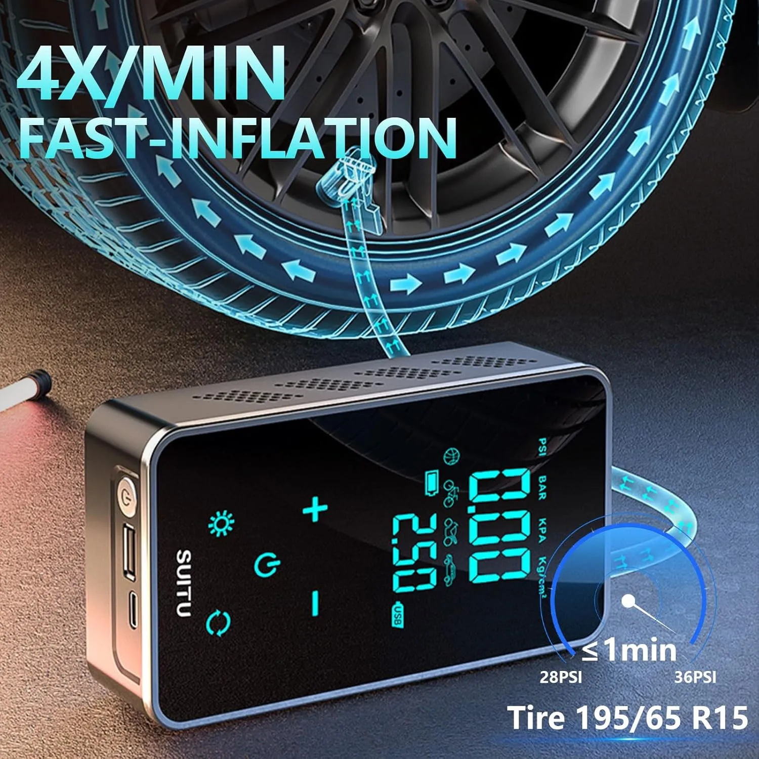 Portable Tire Inflator 150PSI, Cordless Air Compressor with Digital Gauge, LCD Screen for Car, Bike, Motorcycle, Ball