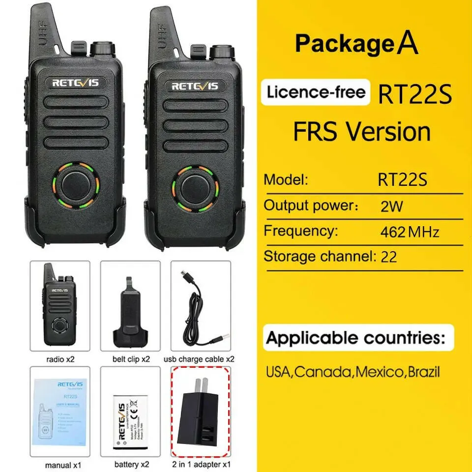 RETEVIS RT22S Handsfree Walkie Talkie 2pcs RT22 Upgrade VOX Hidden Display Two-way Radio Transceiver Walkie-talkies FRS 462MHz