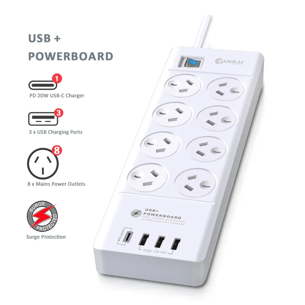 Sansai 8-Way Power Outlet 2400W Surge Protector with USB-A & USB-C Charger Ports