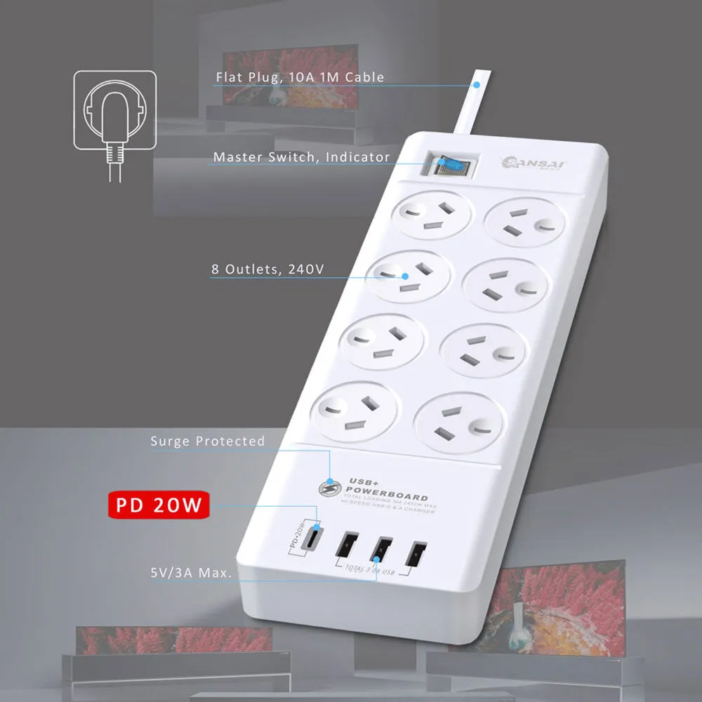 Sansai 8-Way Power Outlet 2400W Surge Protector with USB-A & USB-C Charger Ports