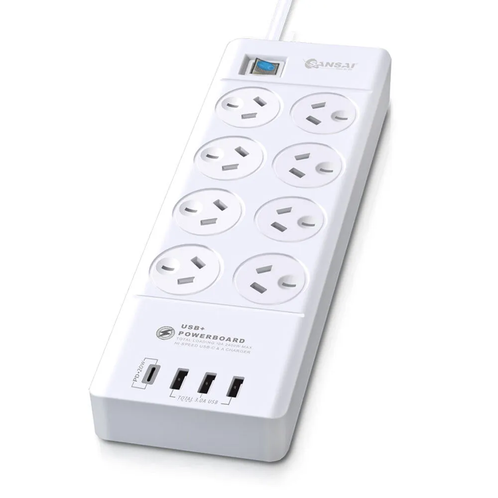 Sansai 8-Way Power Outlet 2400W Surge Protector with USB-A & USB-C Charger Ports