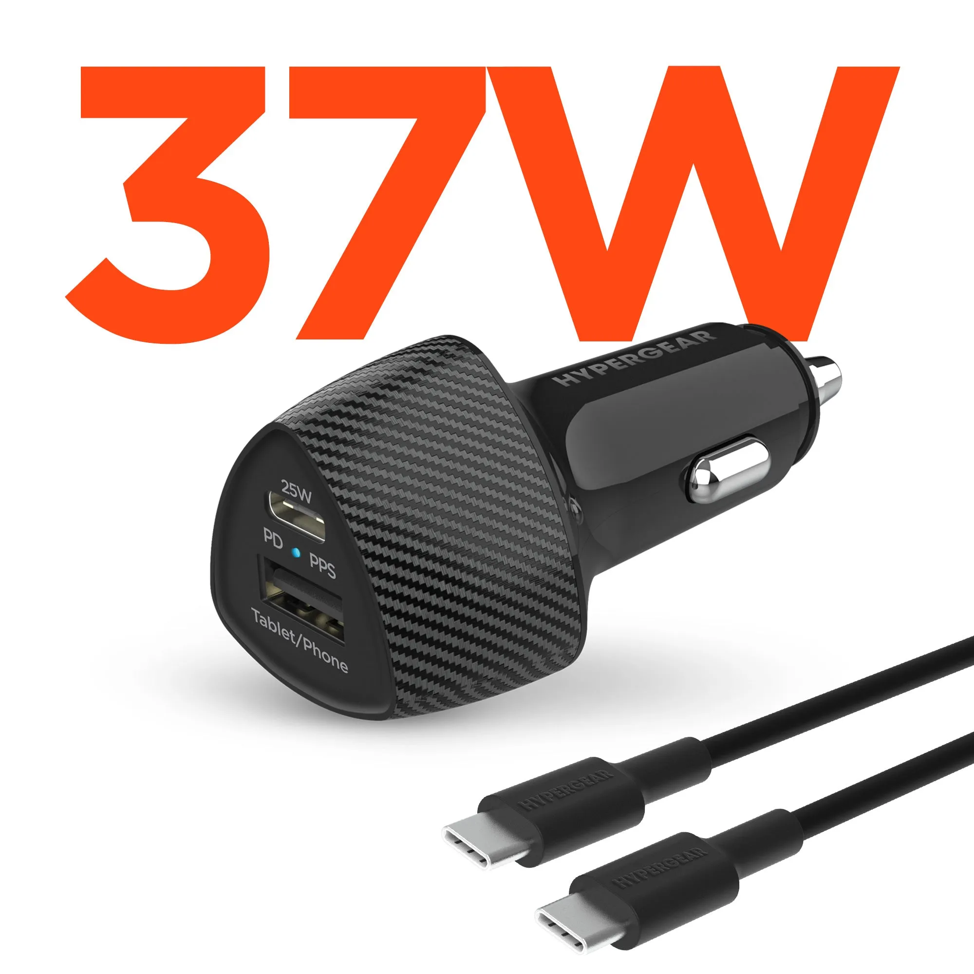 SpeedBoost 25W USB-C PD   12W USB Fast Car Charger with PPS | Includes 4ft USB-C Cable | Black