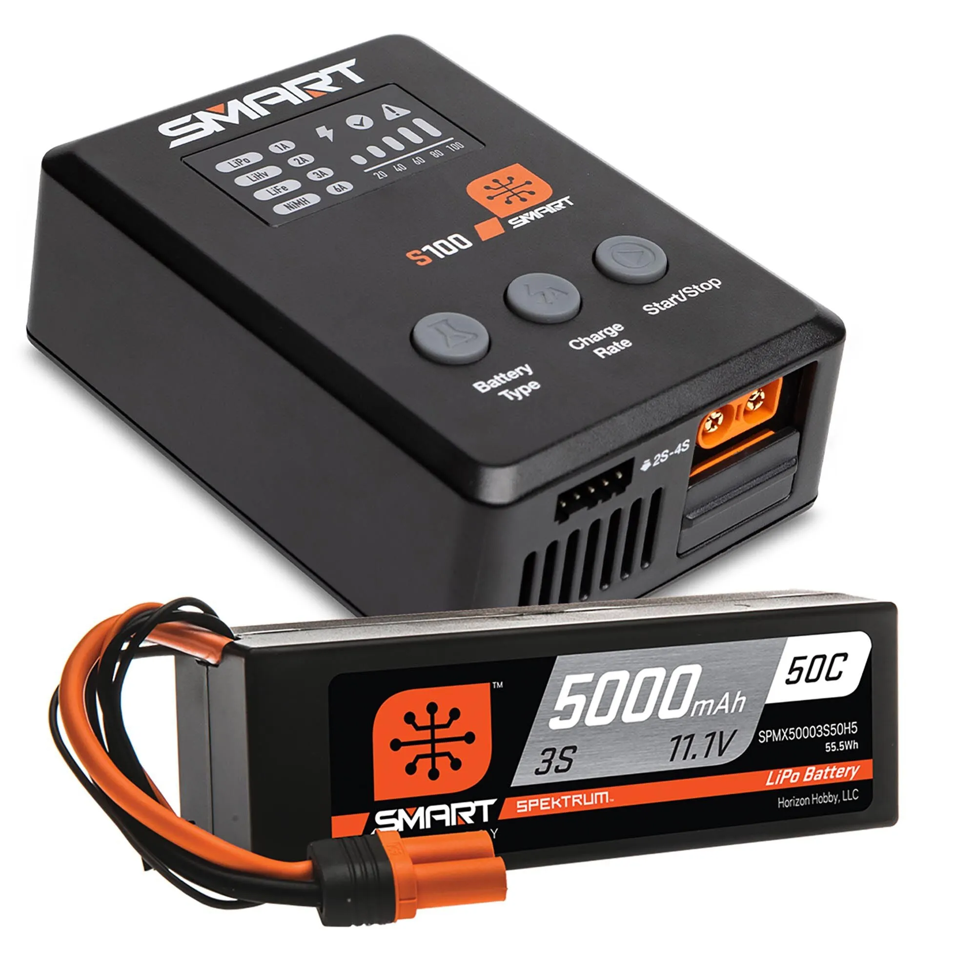 Spektrum Smart Powerstage Surface Bundle: 5000mAh 3S 50C LiPo Battery (IC5) / 100W S100 Charger SPMX-1034