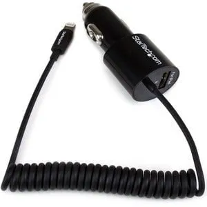 StarTech.com Dual-port Car Charger with Lightning Cable and USB 2.0 Port - Black - 1 Pack - 21 W - 5 V DC/4.20 A Output