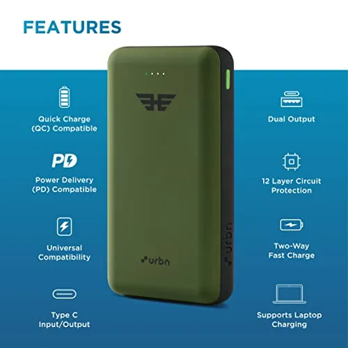 URBN 20000 mAh 45W Ultra Fast Charging Compact Power Bank | Type C Power Delivery (Input& Output) | Quick Charge | Two-Way Fast Charging | Charge Laptop/Mobiles/TWS/Speakers | (Camo)