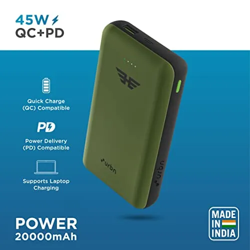 URBN 20000 mAh 45W Ultra Fast Charging Compact Power Bank | Type C Power Delivery (Input& Output) | Quick Charge | Two-Way Fast Charging | Charge Laptop/Mobiles/TWS/Speakers | (Camo)