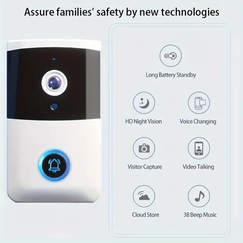 Wireless Smart Video Doorbell - Video Doorbells with Night Vision, 2-Way Audio, Wi-Fi Connectivity, Real-Time Viewing, App Control, 38 Melodies, Adjustable Volume