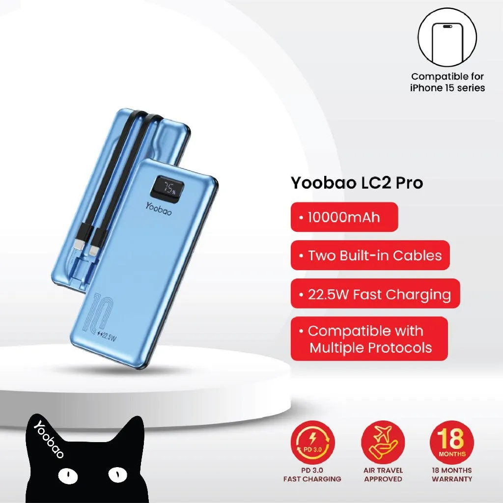 Yoobao LC2 / LC2 Pro / LC2 Max 22.5W Powerbank 10000mAh Original Fast Charging Built-In 2 Cables Power Bank Original Ultra Slim